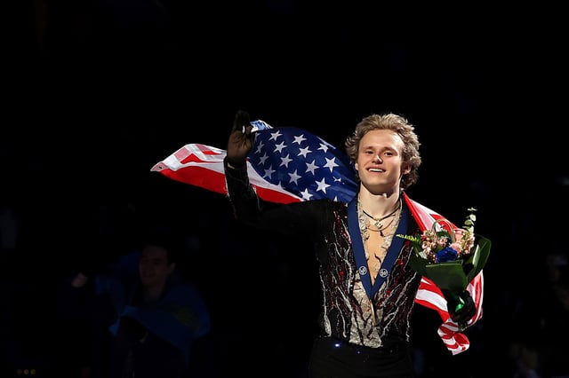 Gold medalist Ilia Malinin celebrates after winning the Men's World Championship during the 2025 ISU World Figure Skating Championships at TD Garden in Boston, Massachusetts, on March 29, 2025.