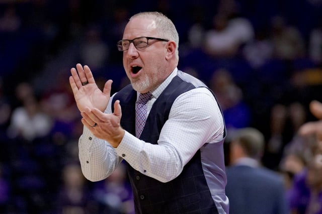 Texas A&amp;M head coach Buzz Williams reacts during the first half of an NCAA college basketball game against LSU in Baton Rouge, La., Saturday, March 8, 2025. (AP Photo/Matthew Hinton)