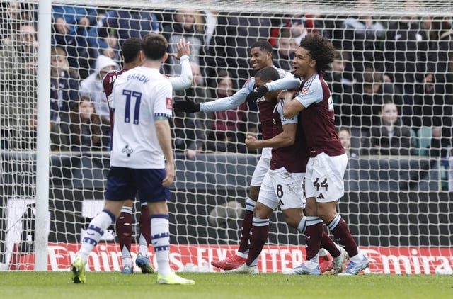 Soccer Football - FA Cup - FA Cup - Quarter Final - Preston North End v Aston Villa - Deepdale, Preston, Britain - March 30, 2025 Aston Villa's Marcus Rashford celebrates with Boubacar Kamara, Youri Tielemans and Jacob Ramsey after scoring their second goal Action Images via Reuters/Jason Cairnduff
