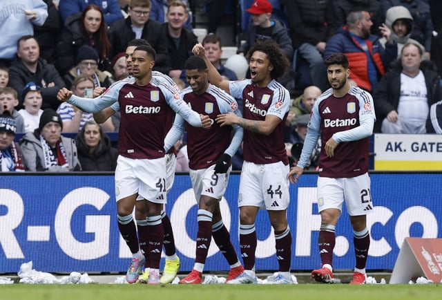 Soccer Football - FA Cup - FA Cup - Quarter Final - Preston North End v Aston Villa - Deepdale, Preston, Britain - March 30, 2025 Aston Villa's Marcus Rashford celebrates with teammates after scoring their first goal Action Images via Reuters/Jason Cairnduff