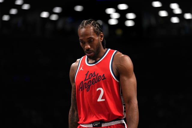 NEW YORK, NEW YORK - MARCH 28: Kawhi Leonard #2 of the Los Angeles Clippers pushes walks up the court during the game against the Brooklyn Nets at Barclays Center on March 28, 2025 in New York City.