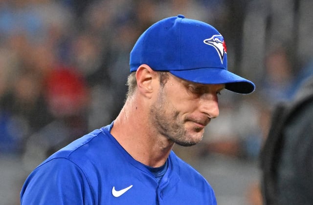 Mar 29, 2025; Toronto, Ontario, CAN;  Toronto Blue Jays pitcher Max Scherzer (31) walks to the dugout after giving up two home run against the Baltimore Orioles in the first inning at Rogers Centre. Mandatory Credit: Dan Hamilton-Imagn Images/File Photo