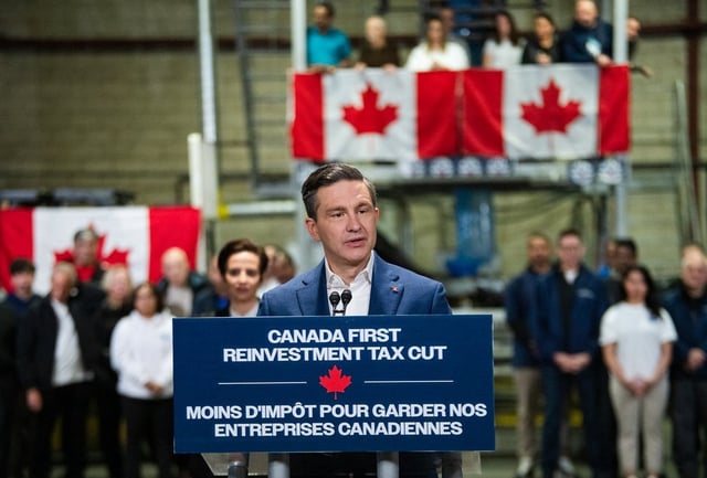 Conservative Leader Pierre Poilievre holds a press conference at Petro Plastics Corporation Ltd. in Toronto on Sunday, March 30, 2025. 