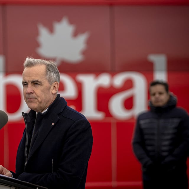 Liberal Leader Mark Carney speaks at a press conference at the Port of Montreal, on March 28.