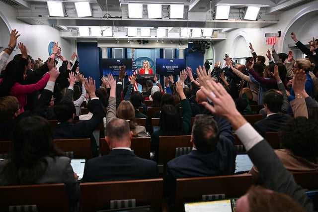 White House Press Secretary Karoline Leavitt takes questions during the daily briefing in the Brady Briefing Room of the White House in Washington, DC, on February 25, 2025.