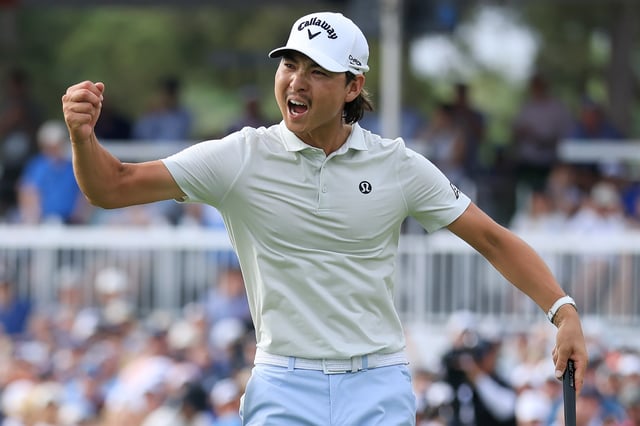 HOUSTON, TEXAS - MARCH 30: Min Woo Lee of Australia celebrates after a putt on the 18th hole green during the final round of the Texas Children&#39;s Houston Open 2025 at Memorial Park Golf Course on March 30, 2025 in Houston, Texas.