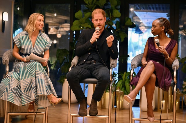(Left) Alix Lebec, Founder &amp; CEO of Lebec,(Center) Prince Harry, Duke of Sussex, (Right) Co-Founding Patron of Sentebale and Dr. Sophie Chandauka MBE, Chair of Sentebale, Founder and Chair of Nandi Life Sciences speak during the Sentebale ‘Potential is Waiting’ panel discussion, followed by a seated dinner at Zaytinya of the José Andrés Group at the Ritz Carlton Hotel on April 11, 2024 in Miami Beach, Florida.