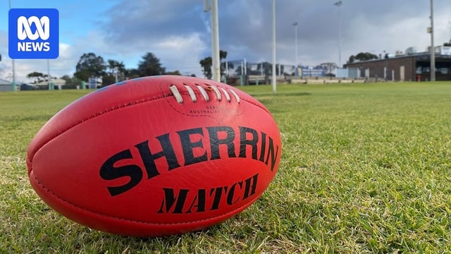 red sherrin football to sitting on green grass with football goal posts and football club in the background