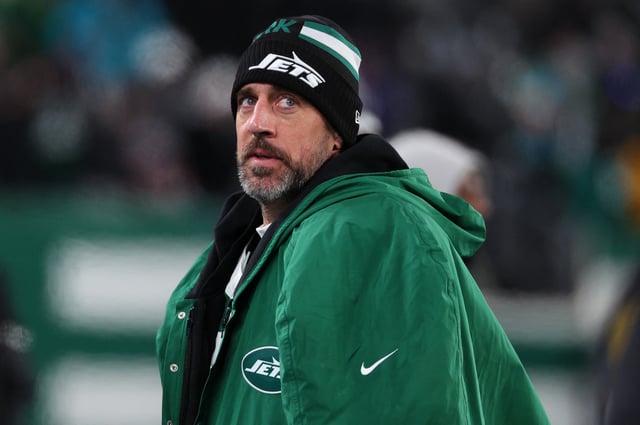 Jan 5, 2025; East Rutherford, New Jersey, USA; New York Jets quarterback Aaron Rodgers (8) during the third quarter of their game against the Miami Dolphins at MetLife Stadium. Mandatory Credit: Ed Mulholland-Imagn Images/File Photo