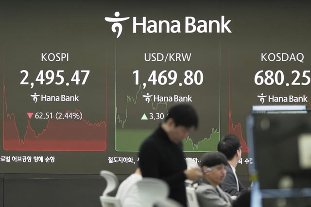 The screens showing the Korea Composite Stock Price Index (KOSPI), left, the foreign exchange rate between U.S. dollar and South Korean won and the Korean Securities Dealers Automated Quotations (KOSDAQ) are seen at a foreign exchange dealing room in Seoul, South Korea, Monday, March 31, 2025. (AP Photo/Lee Jin-man)