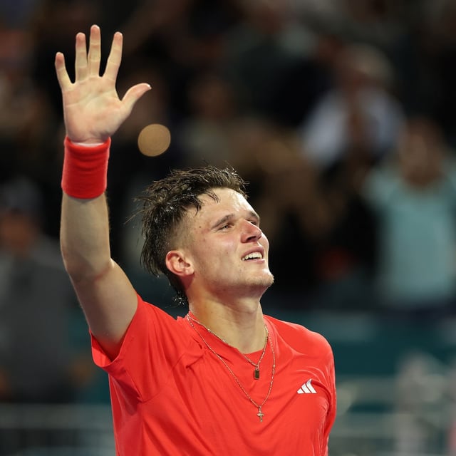 MIAMI GARDENS, FLORIDA - MARCH 30: Jakub Mensik of the Czech Republic celebrates after defeating Novak Djokovic of Serbia during the men's singles final on the final day of the Miami Open Presented by Itau 2025 at Hard Rock Stadium on March 30, 2025 in Miami Gardens, Florida. (Photo by Al Bello/Getty Images)
