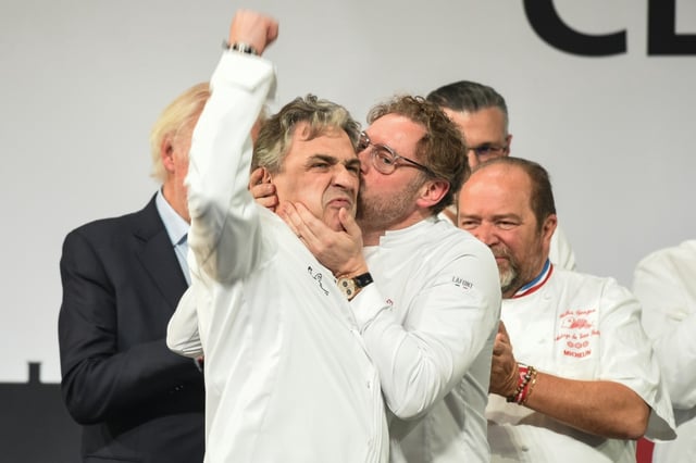 Chef Jerome Banctel celebrates earning three stars for his restaurant Le Gabriel in Paris last year