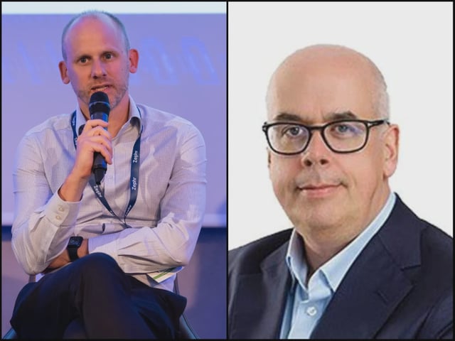 New Reach CEO Piers North and outgoing CEO Jim Mullen. North pictured at Press Gazette's Future of Media Technology Conference in 2022. Pictures: Press Gazette/Reach