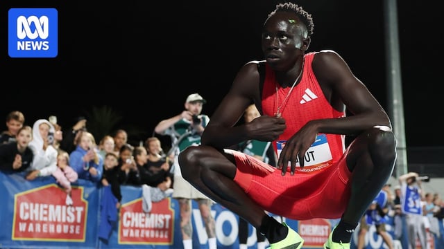 Gout Gout crouches after 200m at Maurie Plant Meet.