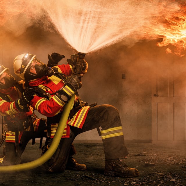 Feuerwehrleute in einem brennenden Haus (Symbolbild).