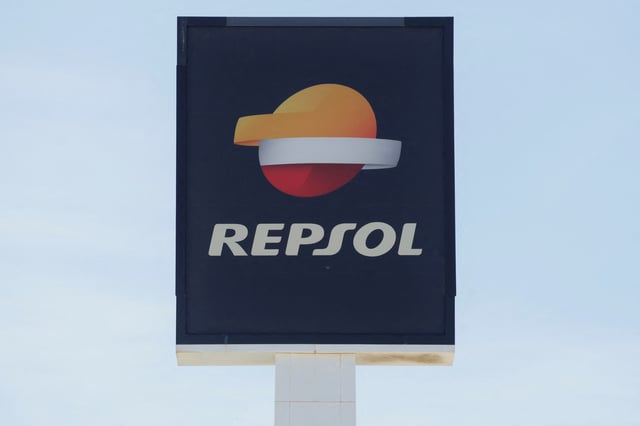 The logo of Repsol is seen near a fuel station in Malaga, Spain, April 24, 2024. REUTERS/Jon Nazca/File Photo