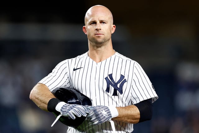 Former New York Yankees outfielder Brett Gardner reacts against the Toronto Blue Jays during the seventh inning at Yankee Stadium on May 25, 2021 in New York City.