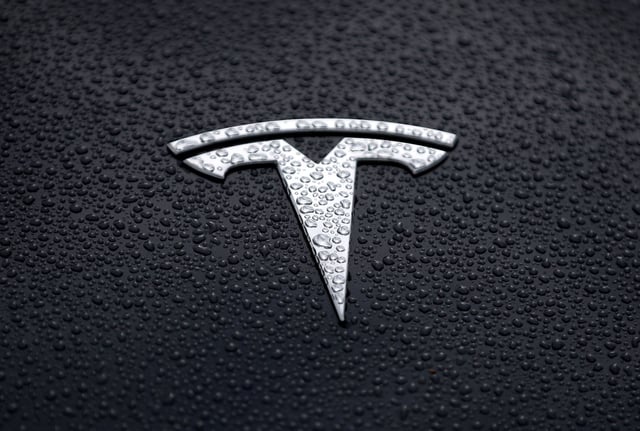 The Tesla logo is displayed on the hood of a Tesla car on May 20, 2019 in Corte Madera, California.