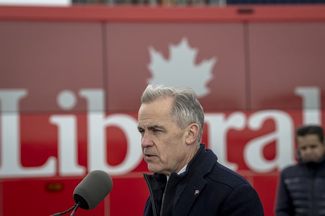 Canadian Prime Minister Mark Carney speaks at a press conference at the Port of Montreal in Montreal, Canada, on March 28, 2025