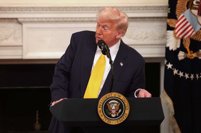 President Donald Trump challenges Maine Gov. Janet Mills over trans women in sports as Trump addresses a meeting of governors at the White House on Feb. 21 in Washington.