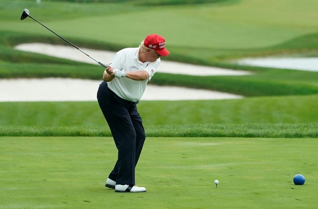 Former US President and 2024 Presidential hopeful Donald Trump plays golf during the Official Pro-Am Tournament ahead of the LIV Golf Invitational Series event at Trump National Golf Club Bedminster in Bedminster, New Jersey, on August 10, 2023. The LIV Golf Invitational Bedminster begins on August 11. (Photo by TIMOTHY A. CLARY / AFP) (Photo by TIMOTHY A. CLARY/AFP via Getty Images)