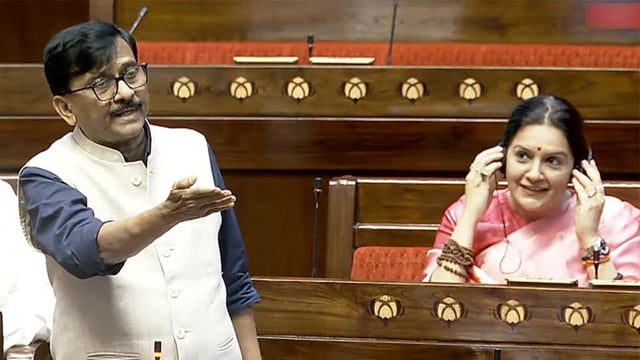 Shiv Sena (UBT) MP Sanjay Raut speaks in the Rajya Sabha during the Budget Session of Parliament on Friday. (ANI Photo)