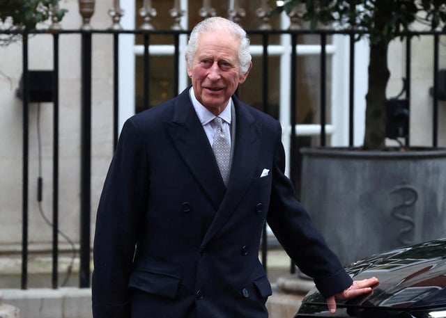 Britain's King Charles leaves the London Clinic after receiving treatment for an enlarged prostate, in London, Britain January 29, 2024. REUTERS/Toby Melville/File Photo