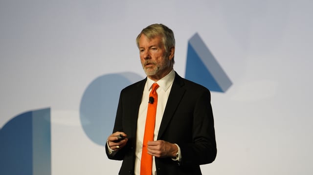 Strategy CEO Michael Saylor at the Digital Asset Summit in New York City on March 20, 2025. (Nikhilesh De)
