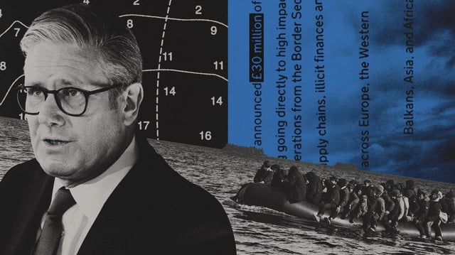 Photo composite illustration of Keir Starmer, asylum seekers in a boat and text from the Home Office announcement