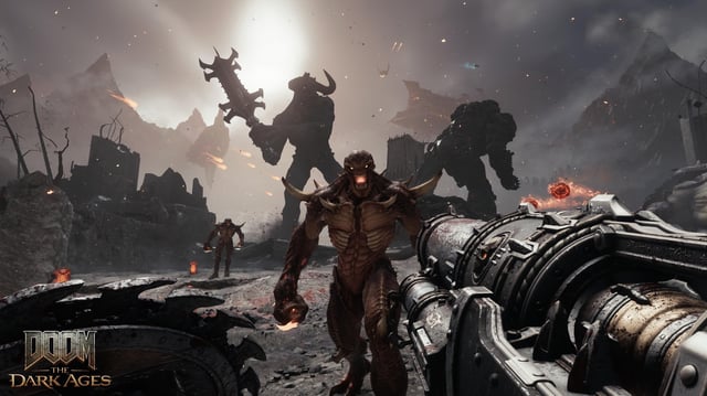 Staring down a demon with two giant figures fighting in the background.