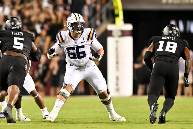 Oct 26, 2024; College Station, Texas, USA; LSU Tigers offensive tackle Will Campbell (66) in action during the second half against the Texas A&M Aggies. The Aggies defeated the Tigers 38-23; at Kyle Field. Mandatory Credit: Maria Lysaker-Imagn Images.
