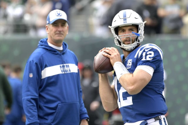 Indianapolis Colts quarterback Andrew Luck (12) warms up as head coach Frank Reich looks on prior to an NFL football game against the New York Jets, in East Rutherford, N.J, Oct. 14, 2018.