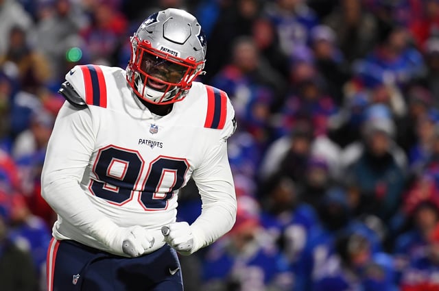 Dec 6, 2021; Orchard Park, New York, USA; New England Patriots defensive end Christian Barmore (90) reacts to a defensive play against the Buffalo Bills during the first half at Highmark Stadium. Mandatory Credit: Rich Barnes-USA TODAY Sports/File Photo