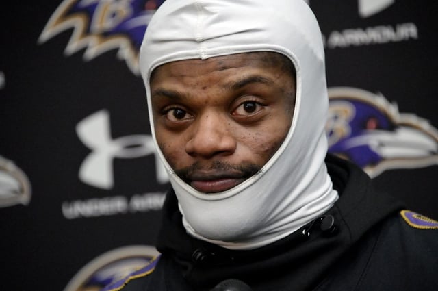 Lamar Jackson, Baltimore Ravens QB, takes questions after practice Tuesday ahead of Saturday&#39;s playoff game against the Pittsburgh Steelers. (Kim Hairston/Staff)