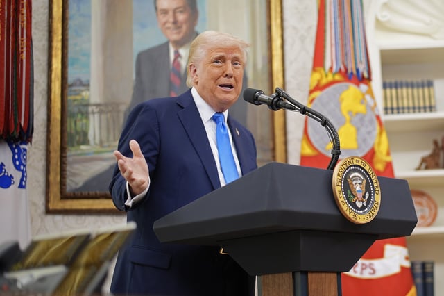 President Donald Trump announces that his administration has reached a deal with elite law firm Skadden, Arps, Slate, Meagher &amp; Flom during a swearing-in ceremony in the Oval Office at the White House on March 28, in Washington, DC.