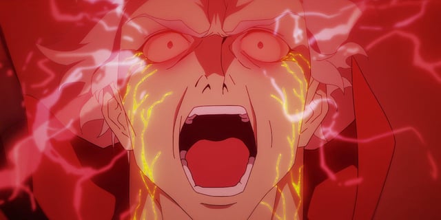Dante glowing red with yellow cracks running up his face in Devil May Cry