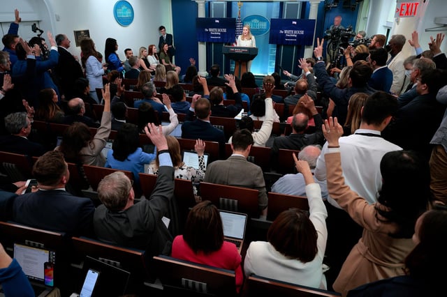 White House Press Secretary Karoline Leavitt takes questions from reporters during a news conference in the Brady Press Briefing Room at the White House on March 19 in Washington, DC.