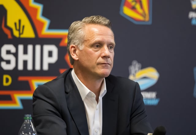 Nov 5, 2021; Avondale, Arizona, USA; NASCAR president Steve Phelps speaks to the media prior to practice for the Cup Series Championship race at Phoenix Raceway. Mandatory Credit: Mark J. Rebilas-USA TODAY Sports/File Photo