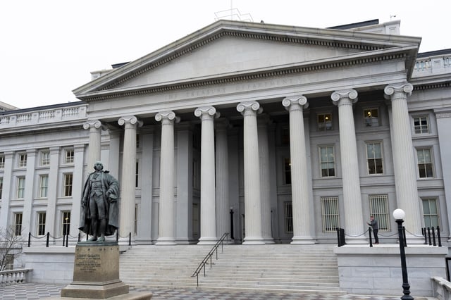 FILE - The Treasury Department building is seen, March 13, 2025, in Washington. (AP Photo/Alex Brandon, File)