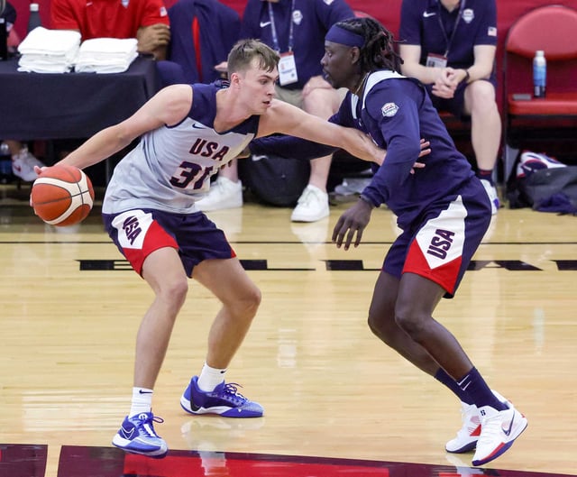 Cooper Flagg, being guarded by Jrue Holiday, competed against the U.S. men&#39;s national team last summer.