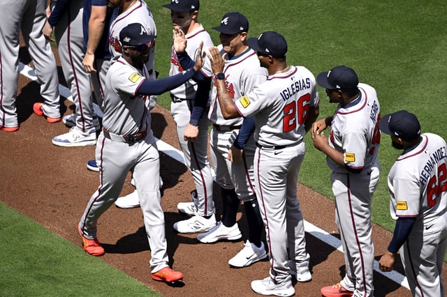SAN DIEGO, CALIFORNIA - MARCH 27: Jurickson Profar #7 of the Atlanta Braves is introduced during player introductions before the game against the San Diego Padres on Opening Day at Petco Park on March 27, 2025 in San Diego, California.