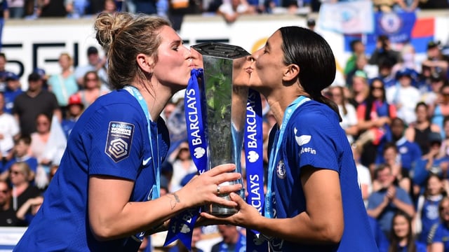 Millie Bright, left, and Sam Kerr lift the Women’s Super League trophy in 2023 — the fourth in Chelsea’s run of five consecutive titles