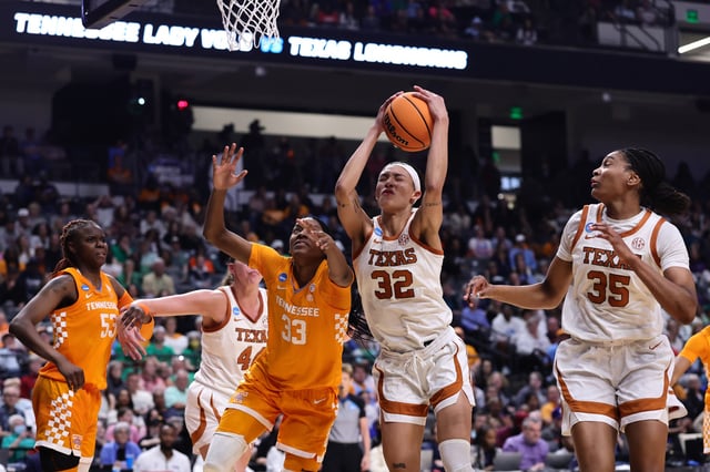 Ndjakalenga Mwenentanda #32 of the Texas Longhorns takes a shot against Alyssa Latham #33 of the Tennessee Lady Vols during the second half in the Sweet Sixteen round of the NCAA Women&#39;s Basketball Tournament at Legacy Arena at the BJCC on March 29, 2025 in Birmingham, Alabama.