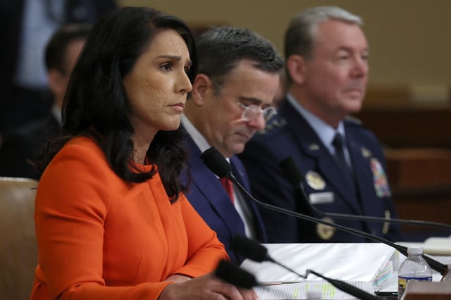 Director of National Intelligence (DNI) Tulsi Gabbard, CIA Director John Ratcliffe and U.S. Air Force Lt. General and Director of the Defense Intelligence Agency (DIA) Jeffrey Kruse attend a House Intelligence Committee hearing about worldwide threats, on Capitol Hill in Washington, D.C., on March 26, 2025.