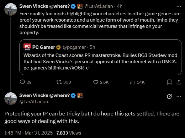 Swen Vincke on X: "Free quality fan mods highlighting your characters in other game genres are proof your work resonates and a unique form of word of mouth. Imho they shouldn't be treated like commercial ventures that infringe on your property. Protecting your IP can be tricky but I do hope this gets settled. There are good ways of dealing with this."