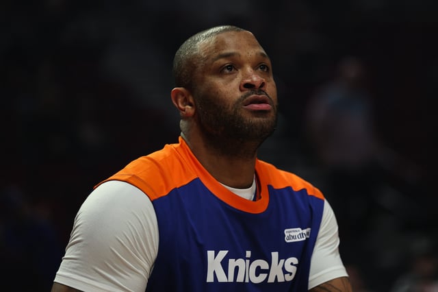 P.J. Tucker #17 of the New York Knicks warms up before the game against the Portland Trail Blazers at the Moda Center on March 12, 2025 in Portland, Oregon. The New York Knicks won 114-113 in overtime.