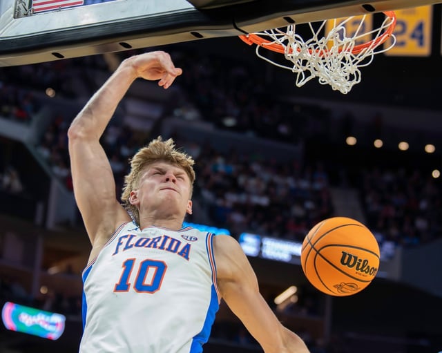 Florida Gator’s Thomas Haugh dunks against Texas Tech during the teams’ Elite 8 West Regional Finals NCAA game at Chase Center in San Francisco on Saturday. (Raul Ebio – Santa Cruz Sentinel)