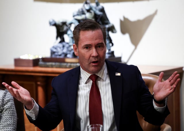 U.S. National Security Advisor Mike Waltz speaks in front of a scale model of the Iwo Jima Memorial as U.S. President Donald Trump meets with U.S. ambassador nominees at the White House in Washington, D.C., U.S., March 25, 2025. REUTERS/Evelyn Hockstein/File photo