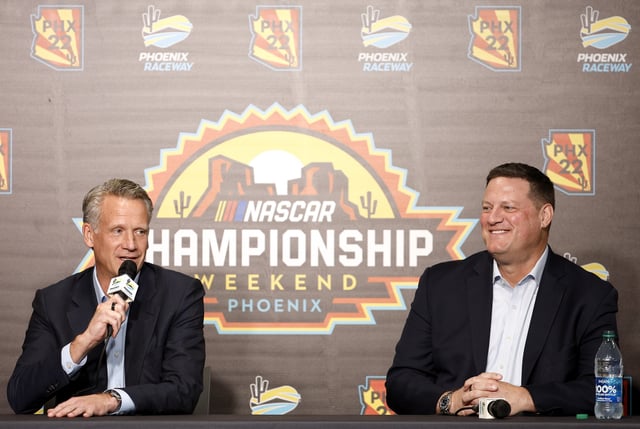 NASCAR President Steve Phelps (L) and NASCAR Executive Vice President Steve O&#39;Donnell speak to the media during the NASCAR annual State of the Sport address at Phoenix Raceway on November 04, 2022 in Avondale, Arizona.