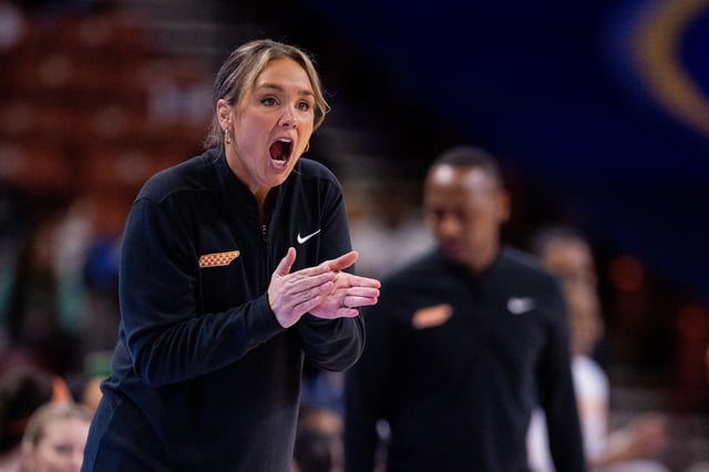 Mar 6, 2025; Greenville, SC, USA; Tennessee Lady Vols head coach Kim Caldwell pumps up her team against the Vanderbilt Commodores during the first half at Bon Secours Wellness Arena. Mandatory Credit: Scott Kinser-Imagn Images/File Photo